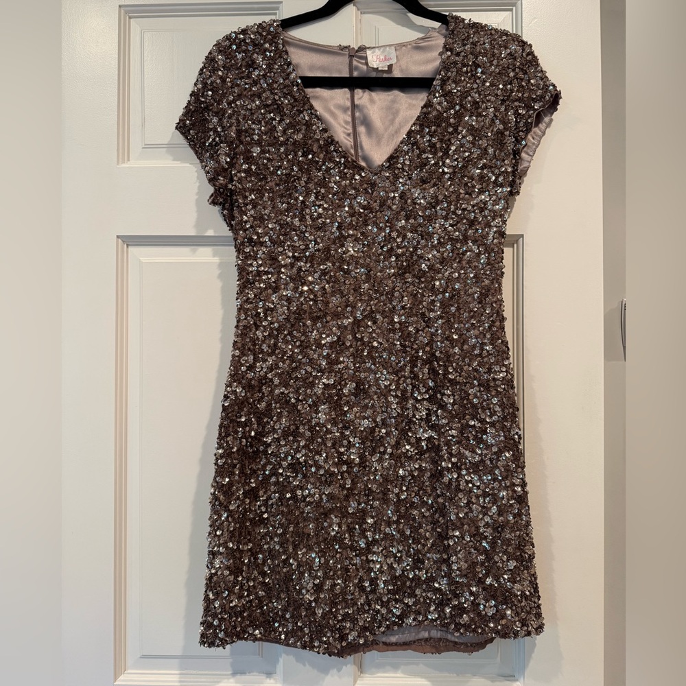 Parker Rose-Gold Sequin V-Neck Mini Dress - Picture 6 of 11